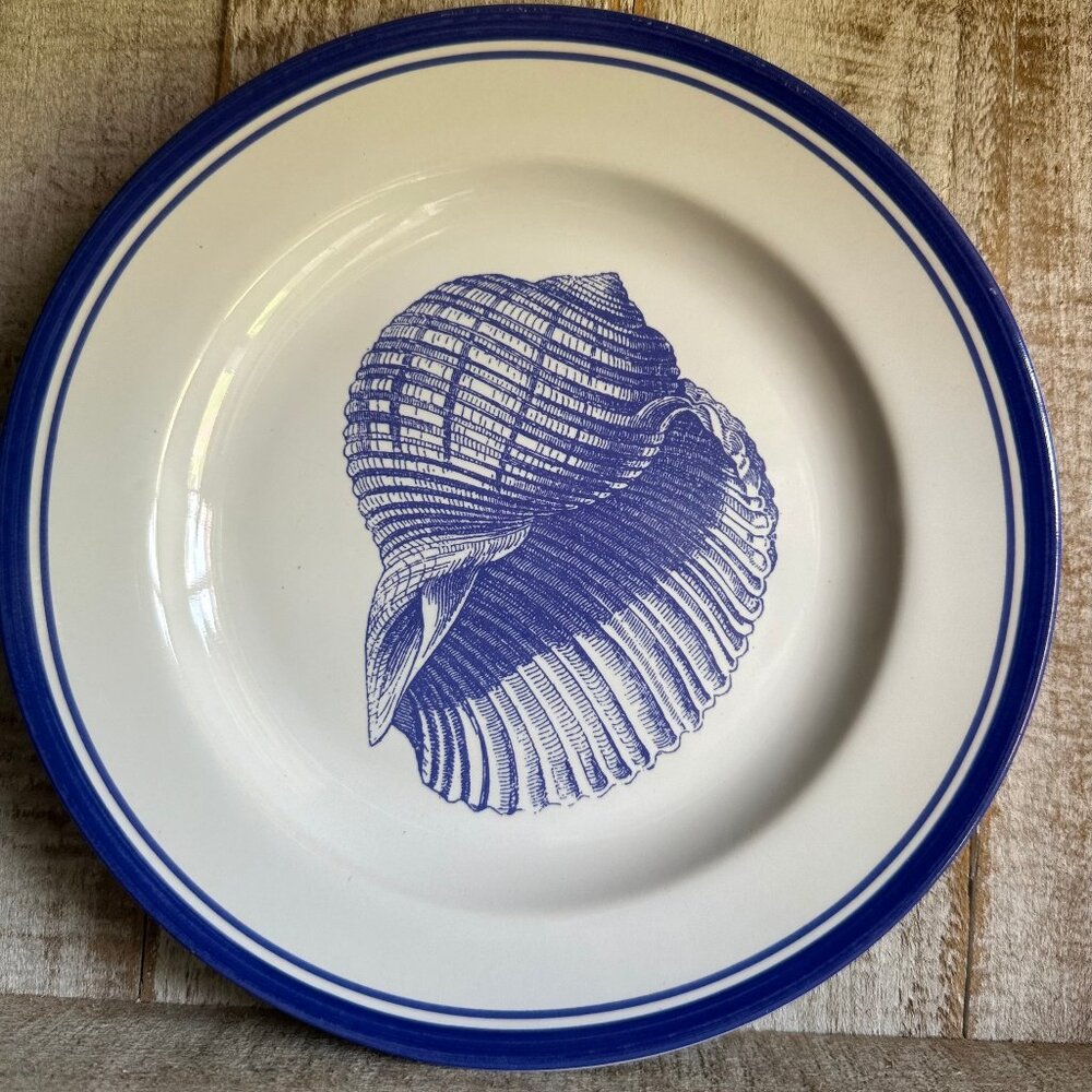Seashell Dessert Plate, Navy Blue & White.  Primitive Artisan.  8" Nautical